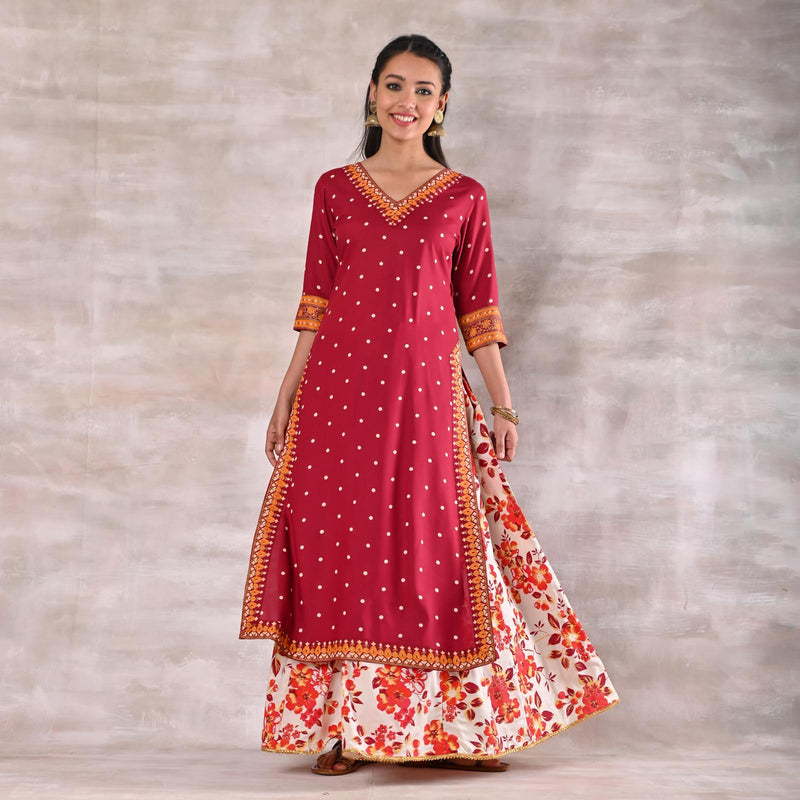 Maroon Kurta with White Floral Skirt