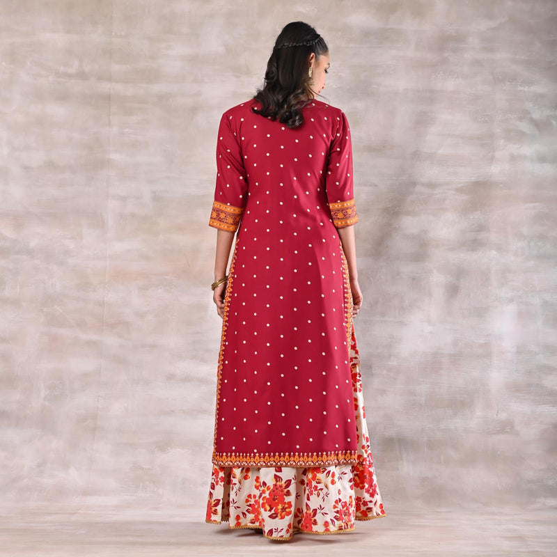 Maroon Kurta with White Floral Skirt