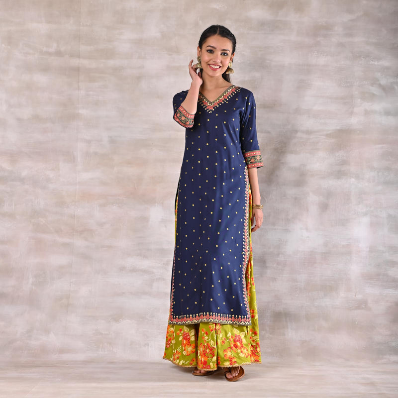 Indigo Kurta with Olive Floral Skirt