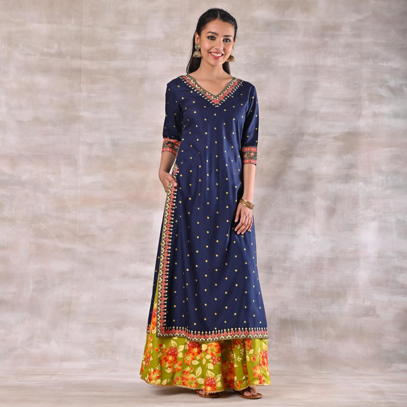 Indigo Kurta with Olive Floral Skirt