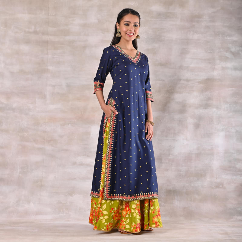 Indigo Kurta with Olive Floral Skirt