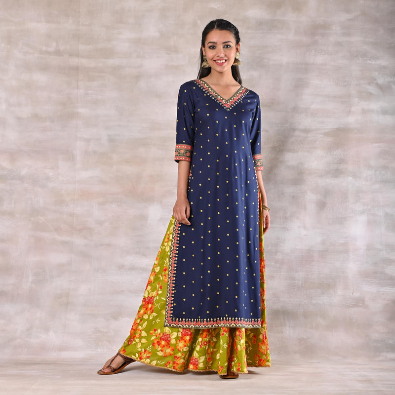 Indigo Kurta with Olive Floral Skirt