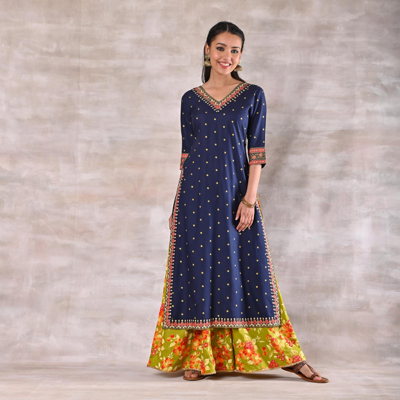 Indigo Kurta with Olive Floral Skirt