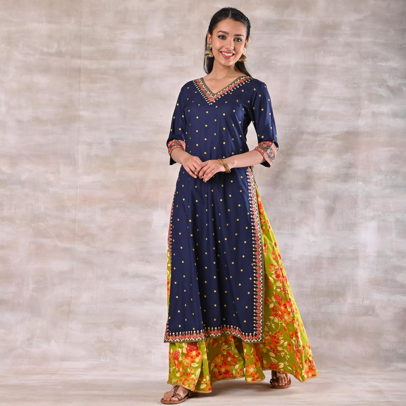 Indigo Kurta with Olive Floral Skirt