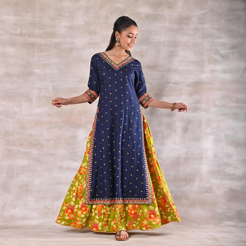 Indigo Kurta with Olive Floral Skirt
