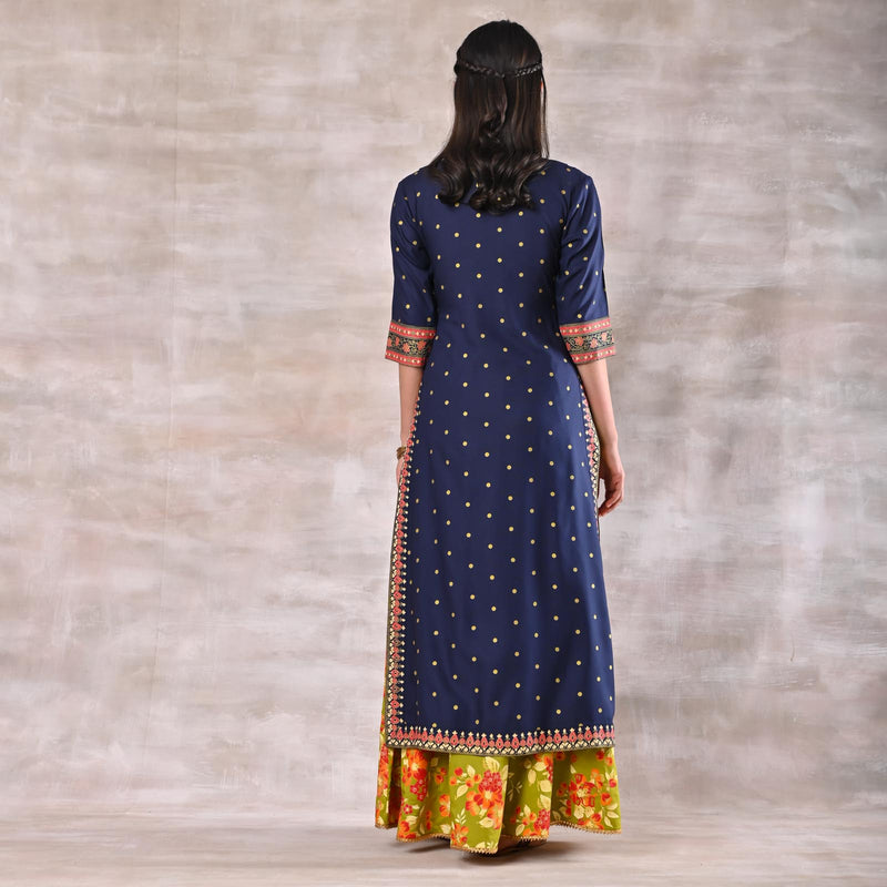 Indigo Kurta with Olive Floral Skirt