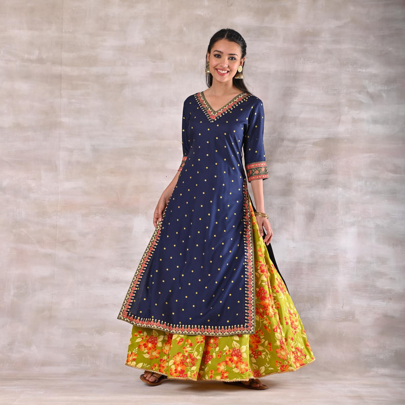Indigo Kurta with Olive Floral Skirt