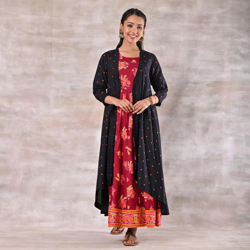 Maroon Dress with Black Polka Shrug