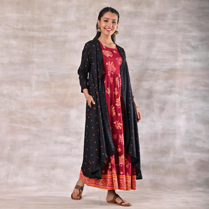 Maroon Dress with Black Polka Shrug