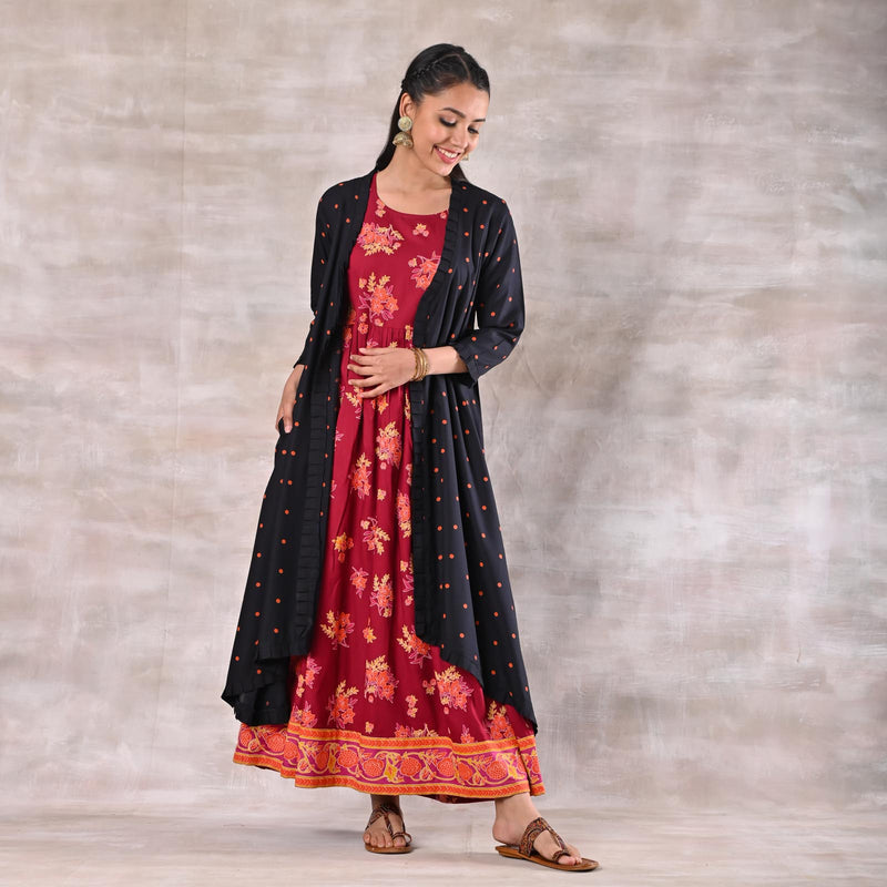 Maroon Dress with Black Polka Shrug