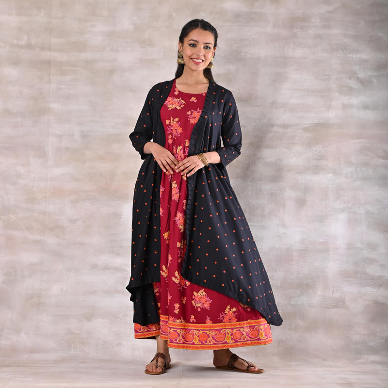 Maroon Dress with Black Polka Shrug