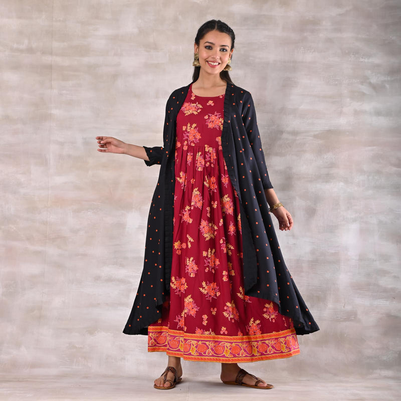 Maroon Dress with Black Polka Shrug