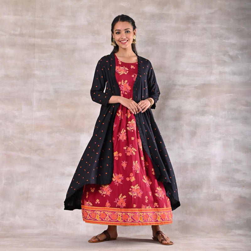 Maroon Dress with Black Polka Shrug