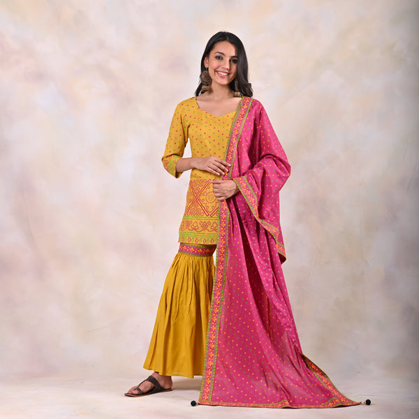 Yellow Bandhani Sharara Kurta Pants and Dupatta