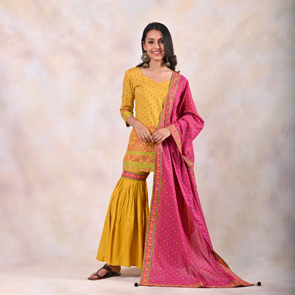 Yellow Bandhani Sharara Kurta Pants and Dupatta