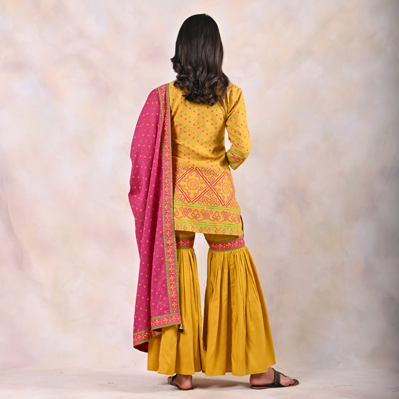 Kesar Yellow Heavily Embroidered Kurta Set With Sharara Pants - Pink City  by Sarika- Fabilicious Fashion