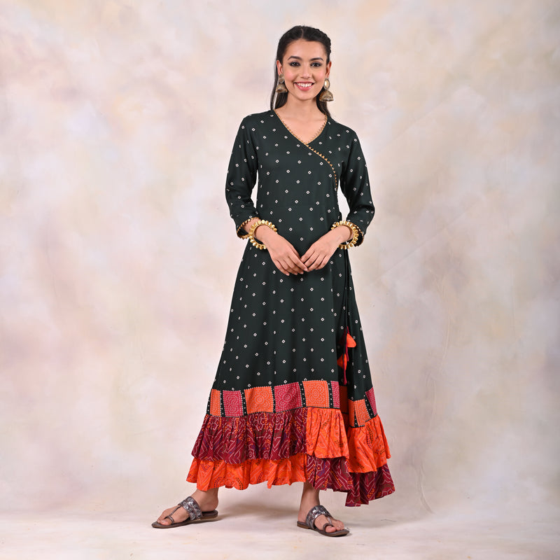 Emerald Green Bandhani Angrakha Yoke Dress