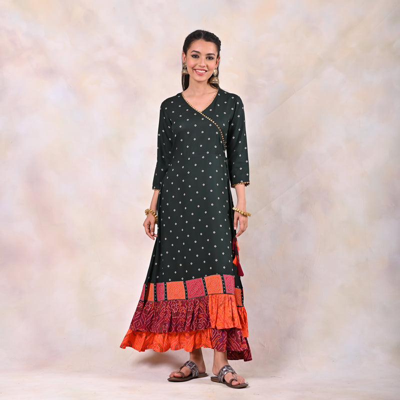 Emerald Green Bandhani Angrakha Yoke Dress