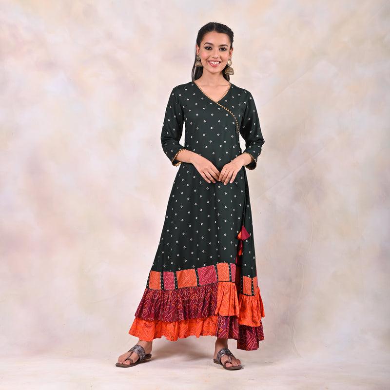 Emerald Green Bandhani Angrakha Yoke Dress