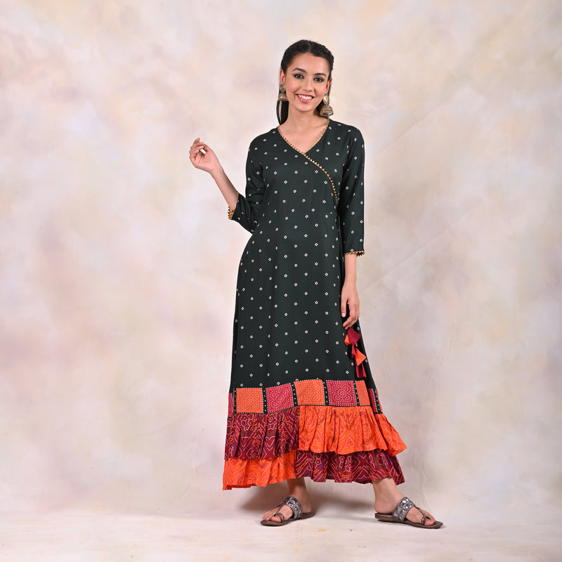 Emerald Green Bandhani Angrakha Yoke Dress