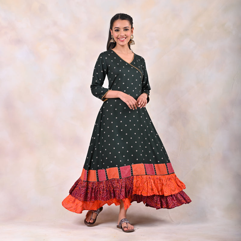 Emerald Green Bandhani Angrakha Yoke Dress