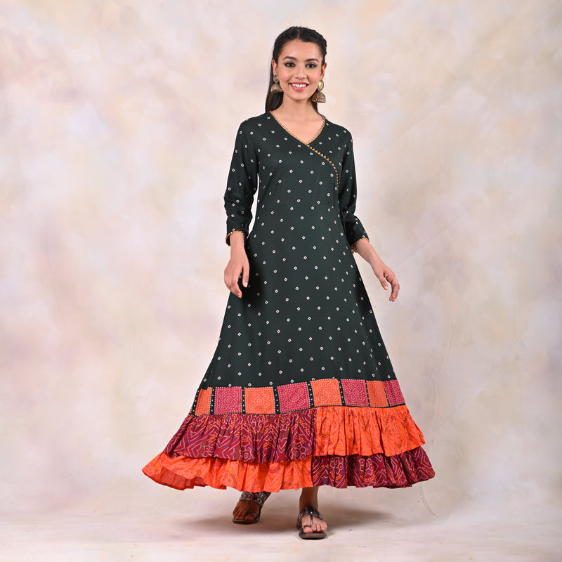 Emerald Green Bandhani Angrakha Yoke Dress