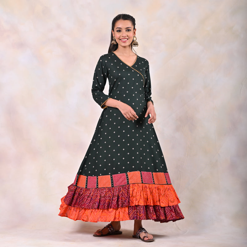 Emerald Green Bandhani Angrakha Yoke Dress