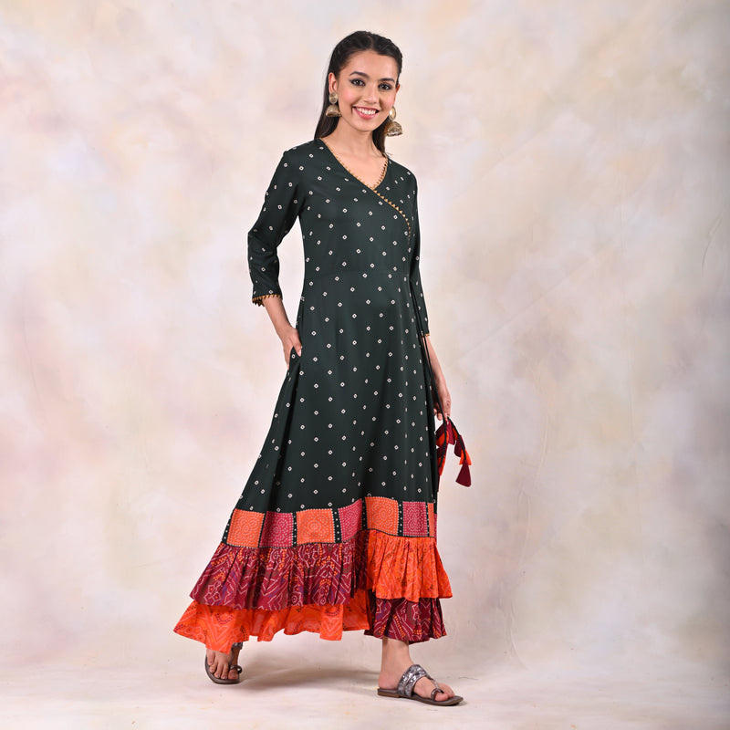 Emerald Green Bandhani Angrakha Yoke Dress