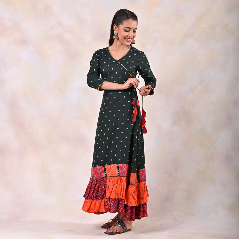 Emerald Green Bandhani Angrakha Yoke Dress