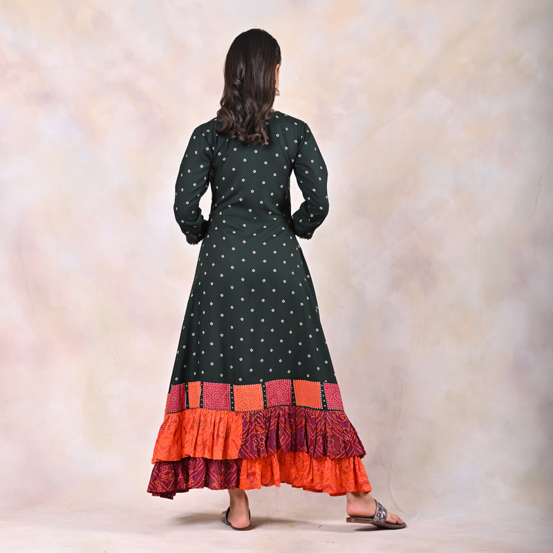 Emerald Green Bandhani Angrakha Yoke Dress