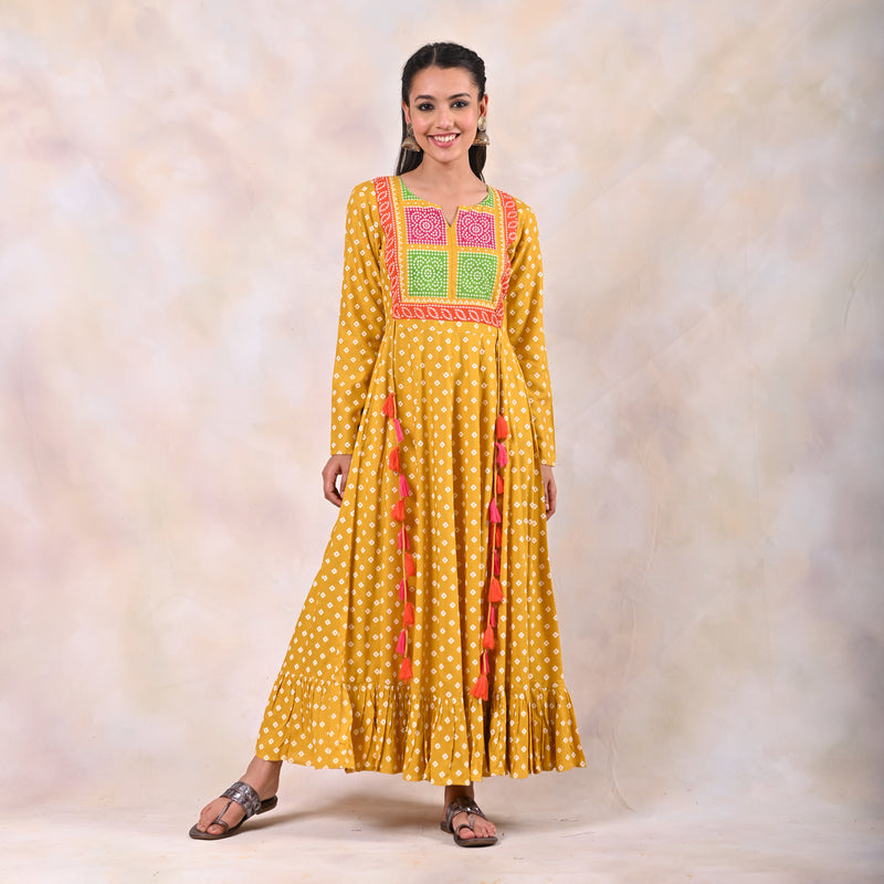 Yellow Bandhani Tiered Dress with Tassels