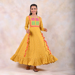 Yellow Bandhani Tiered Dress with Tassels