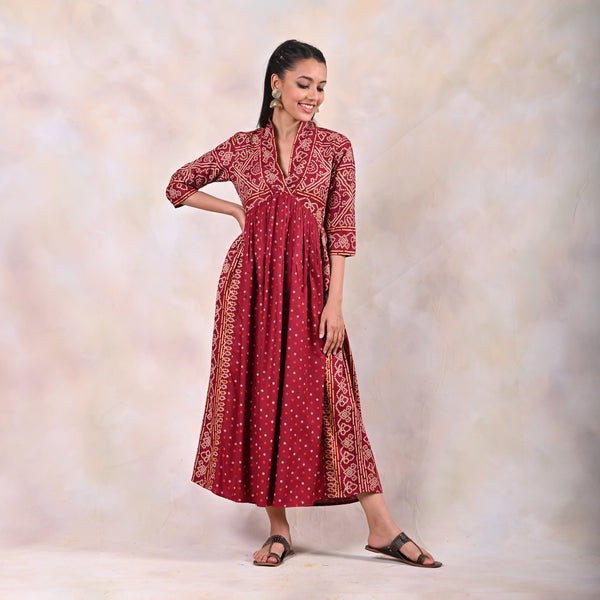 Maroon Bandhani V Neck Gathered Dress