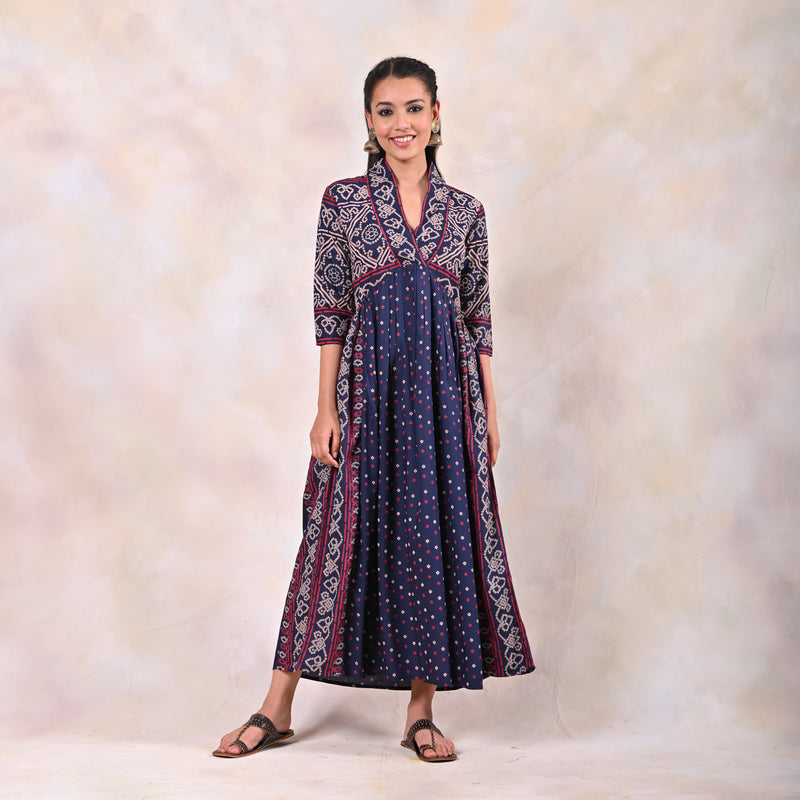 Indigo Bandhani V Neck Alia Cut Dress
