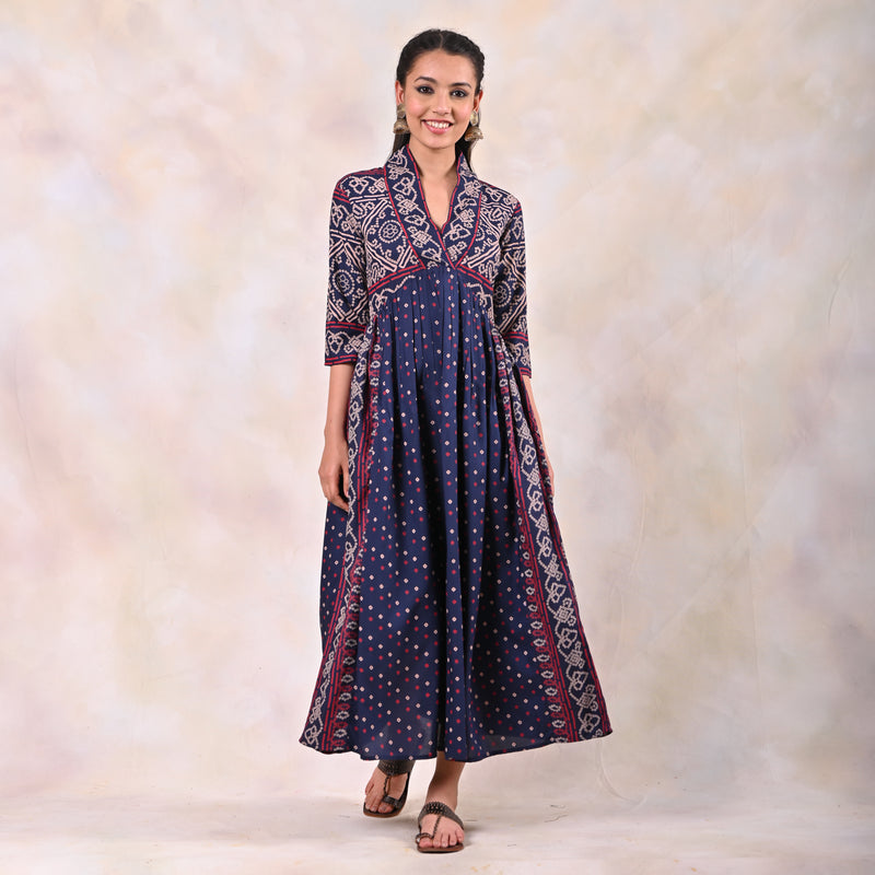 Indigo Bandhani V Neck Alia Cut Dress