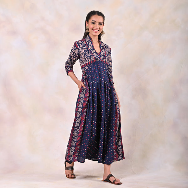Indigo Bandhani V Neck Alia Cut Dress