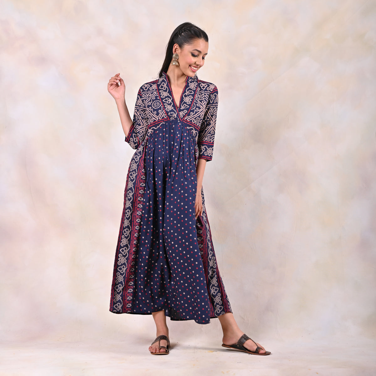 Indigo Bandhani V Neck Alia Cut Dress