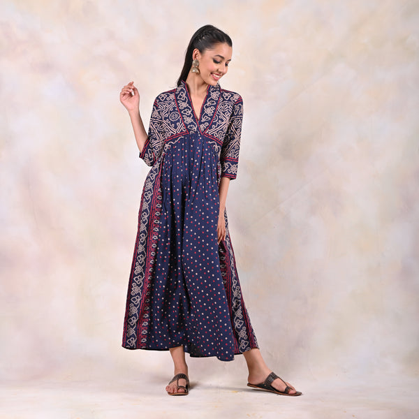 Indigo Bandhani V Neck Gathered Dress