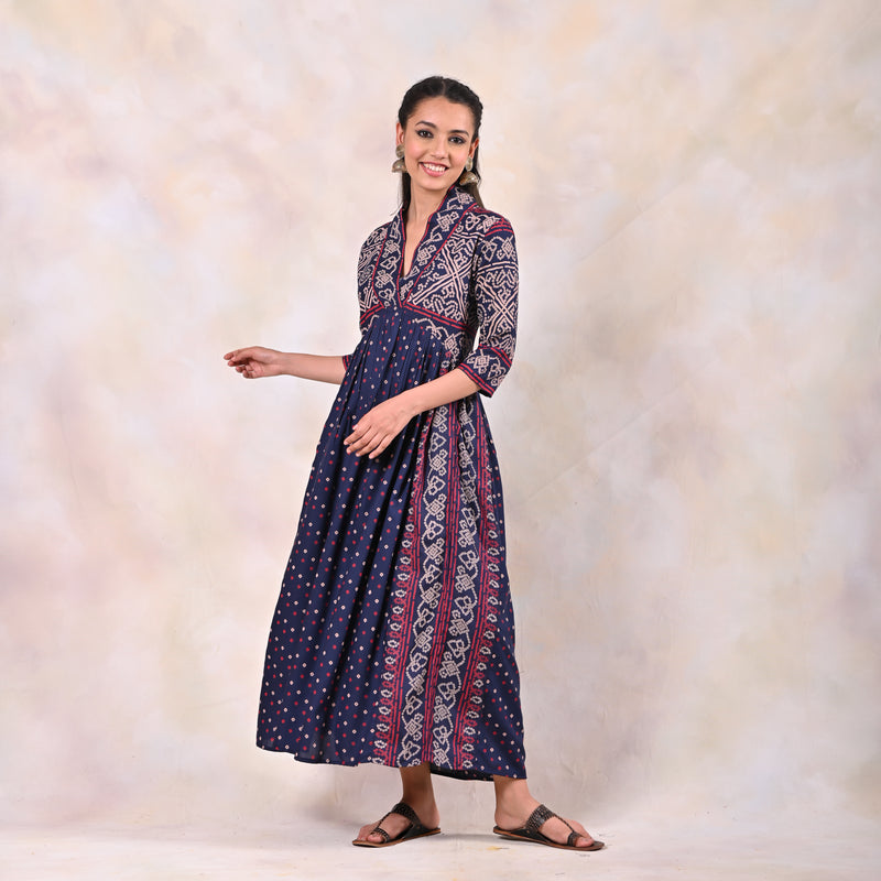 Indigo Bandhani V Neck Alia Cut Dress