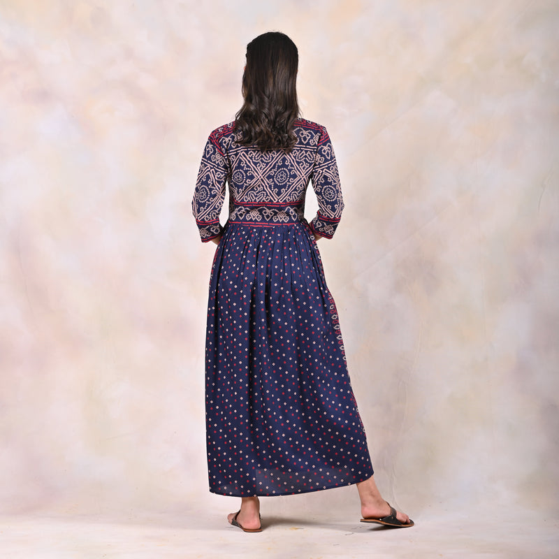 Indigo Bandhani V Neck Alia Cut Dress