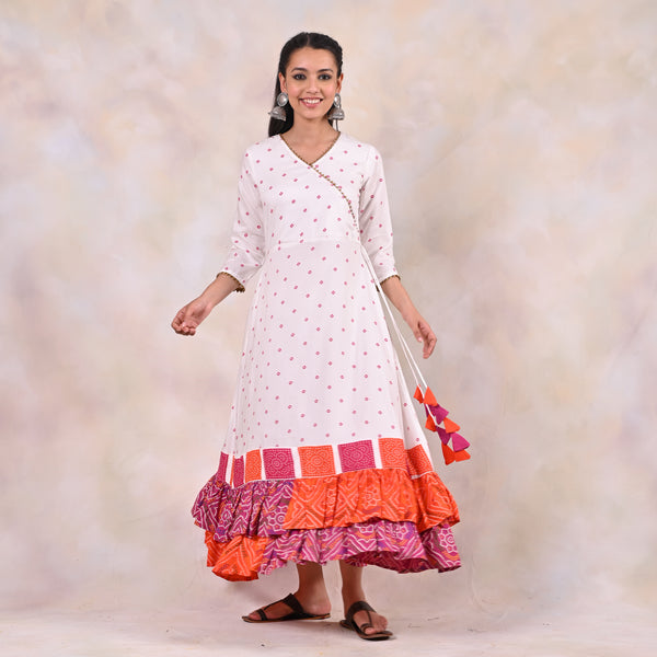 White Bandhani Angrakha Yoke Dress