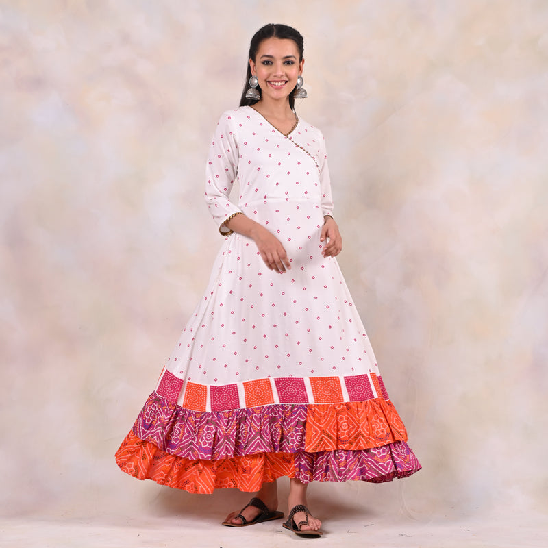 White Bandhani Angrakha Yoke Dress