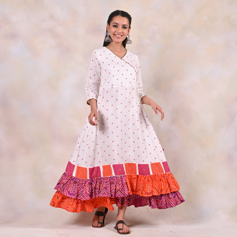 White Bandhani Angrakha Yoke Dress