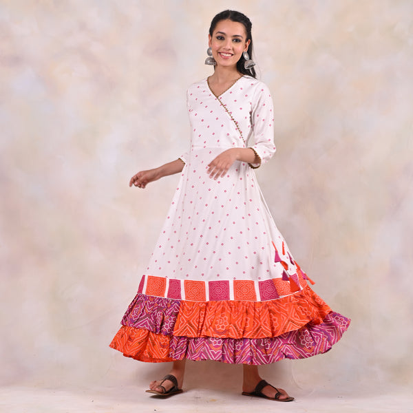 White Bandhani Angrakha Yoke Dress