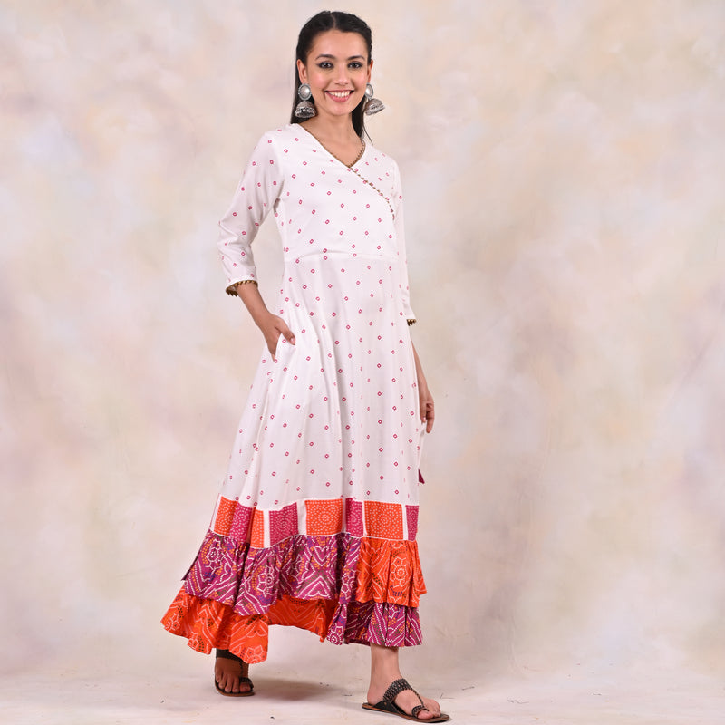 White Bandhani Angrakha Yoke Dress