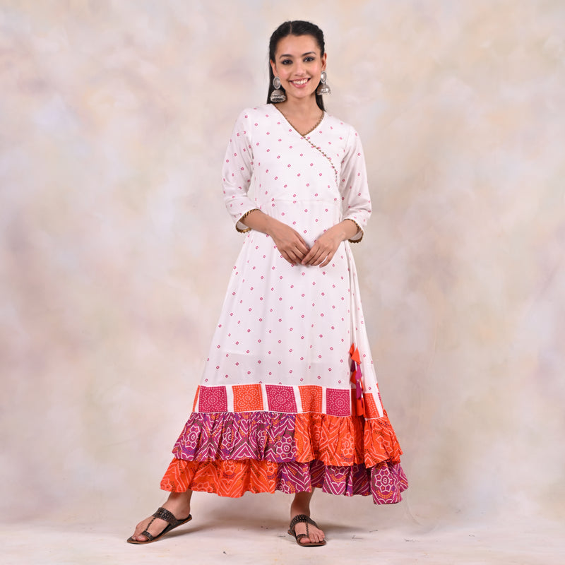 White Bandhani Angrakha Yoke Dress