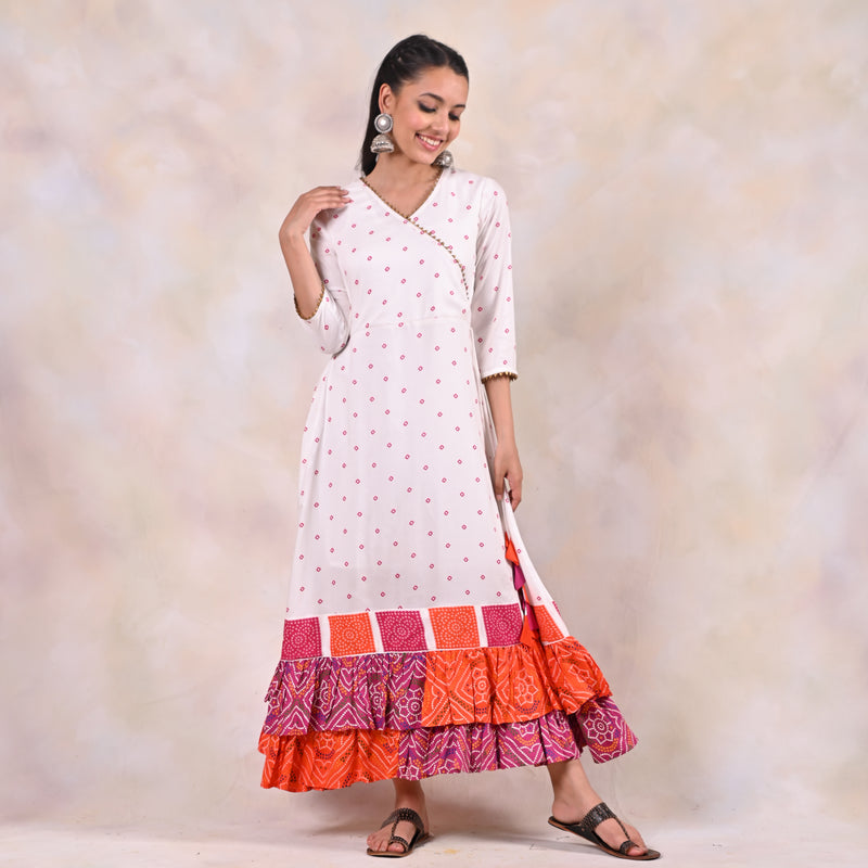 White Bandhani Angrakha Yoke Dress