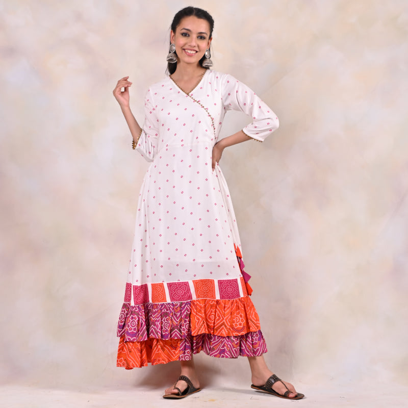 White Bandhani Angrakha Yoke Dress