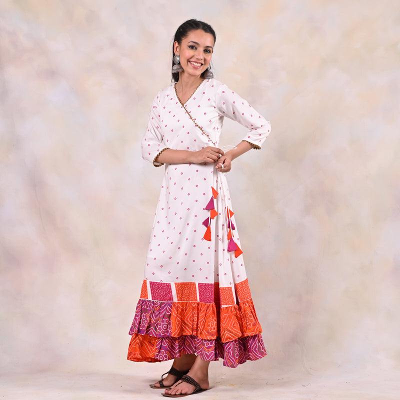 White Bandhani Angrakha Yoke Dress