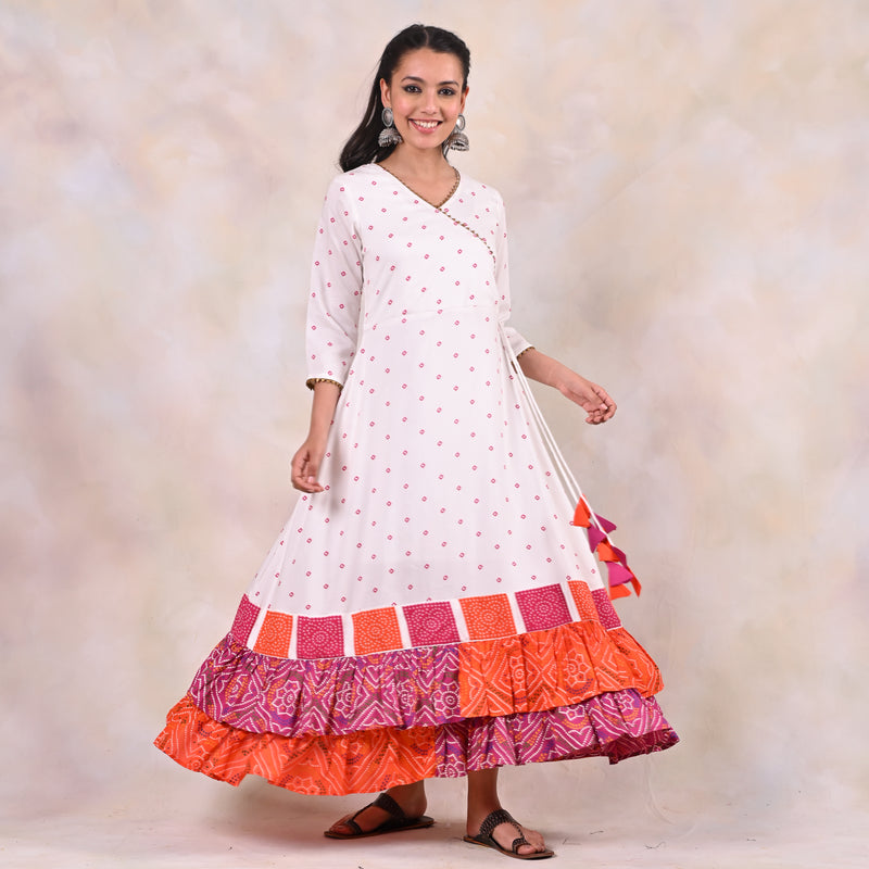 White Bandhani Angrakha Yoke Dress